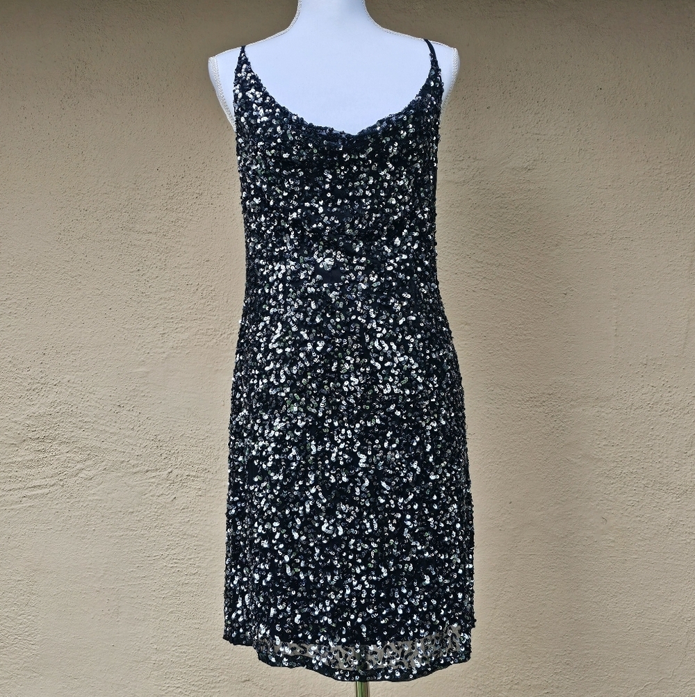 *Flawed* NWT Nordstrom Silver & Black Sequined 100% Silk Mini Dress Size 10